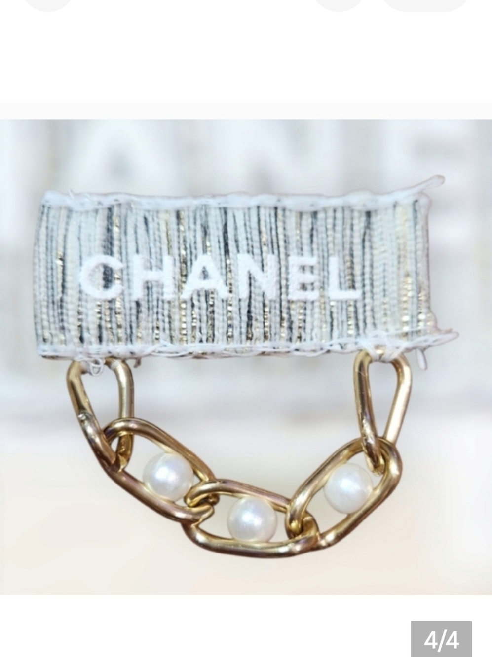 Gold Tone Chain Brooch with White Pearls